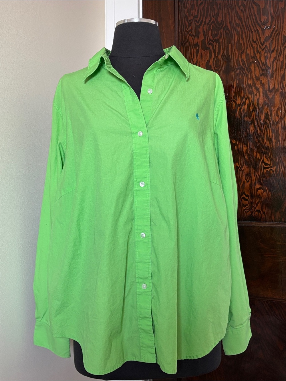 Lauren Ralph Lauren Women’s Button-Down Shirt in Bright Green Embroidered Logo